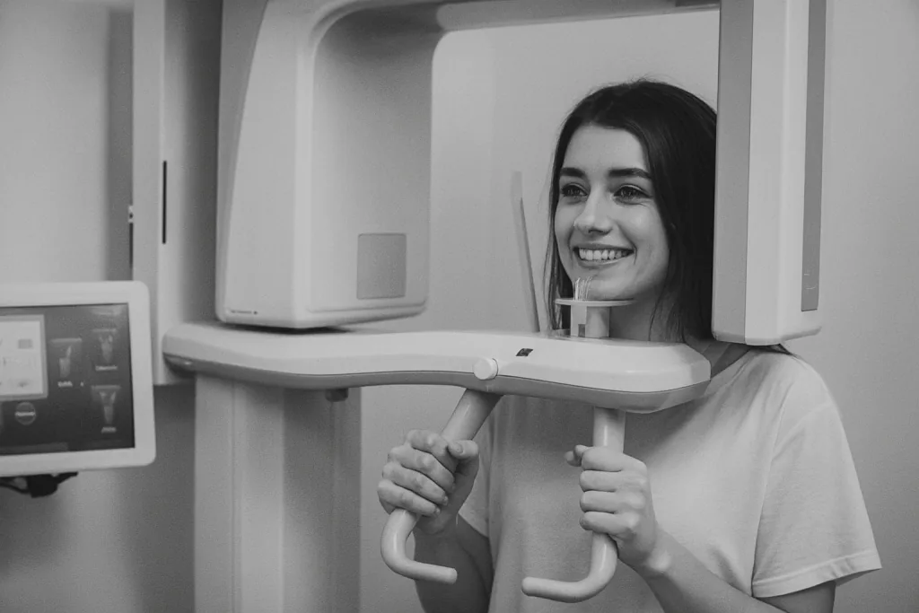 Patientin bei der 3D-Bildgebung (DVT/CBCT) für die navigierte Implantatplanung – B-Kö Smiles, Schadowstraße Düsseldorf