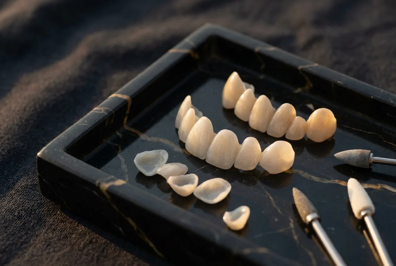 Handgefertigte Veneers auf schwarzem Marmor